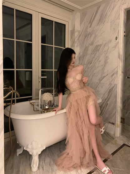 French heavy mesh lace tube top irregular slit dress ED0526