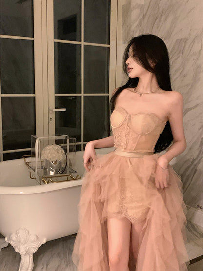 French heavy mesh lace tube top irregular slit dress ED0526