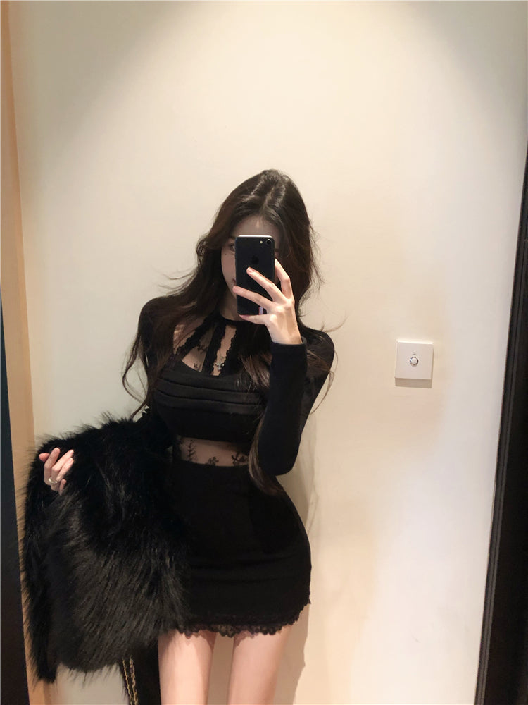 Sexy lace stitching slim fit long sleeve halter neck knitted dress ED0527