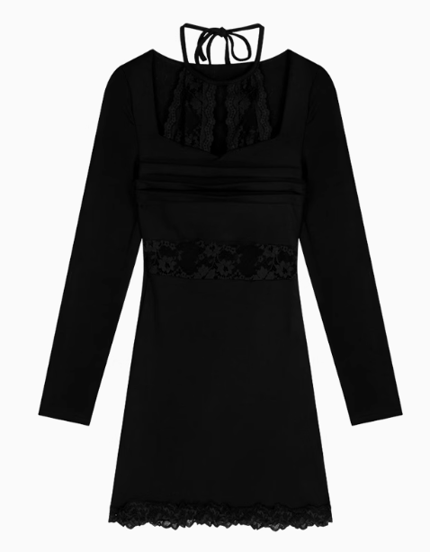 Sexy lace stitching slim fit long sleeve halter neck knitted dress ED0527