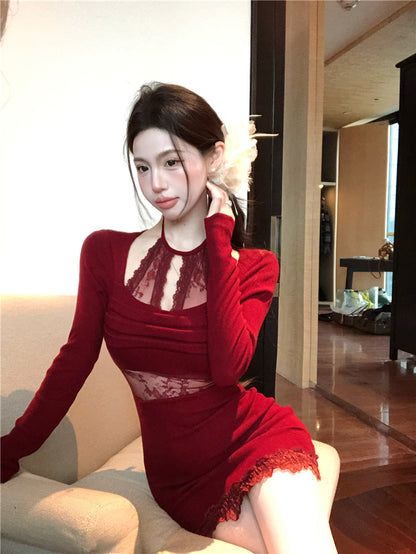 Sexy lace stitching slim fit long sleeve halter neck knitted dress ED0527