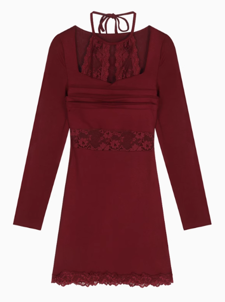 Sexy lace stitching slim fit long sleeve halter neck knitted dress ED0527