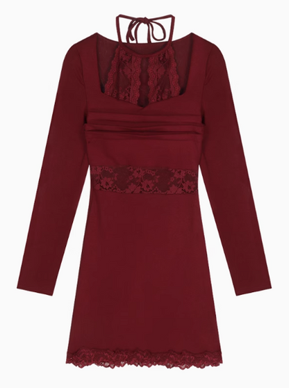 Sexy lace stitching slim fit long sleeve halter neck knitted dress ED0527