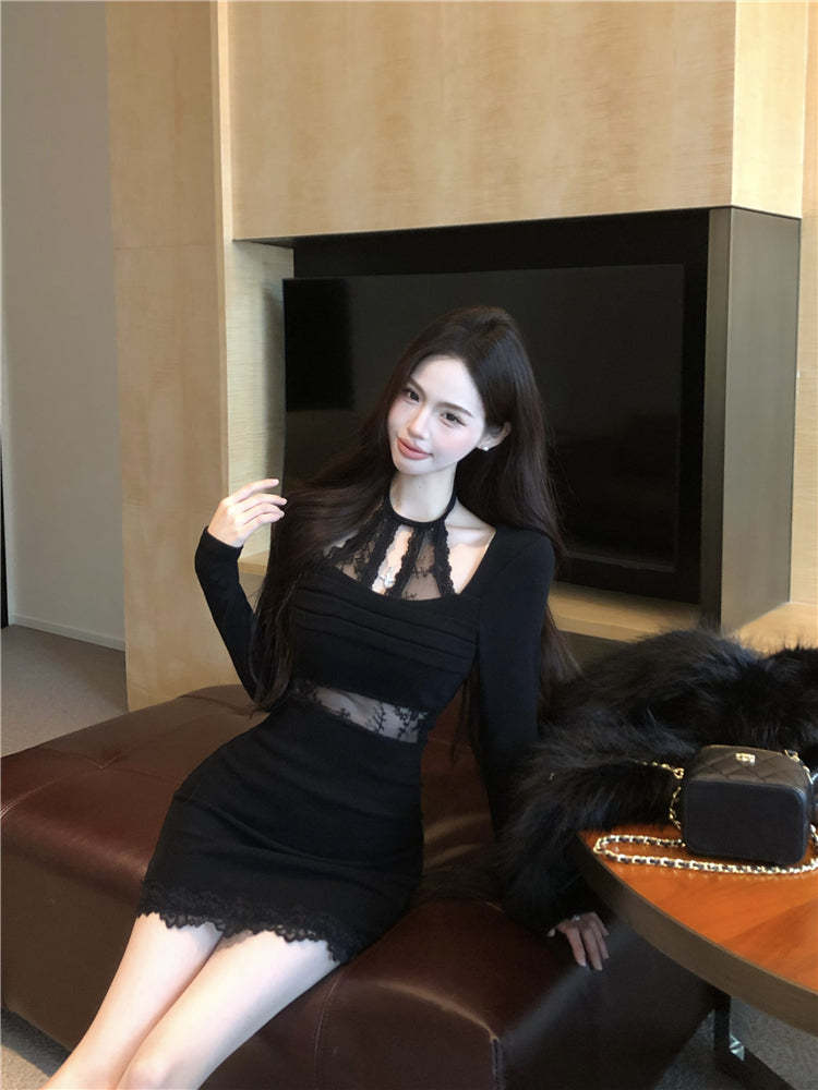Sexy lace stitching slim fit long sleeve halter neck knitted dress ED0527