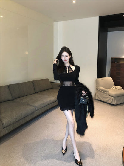 Sexy lace stitching slim fit long sleeve halter neck knitted dress ED0527