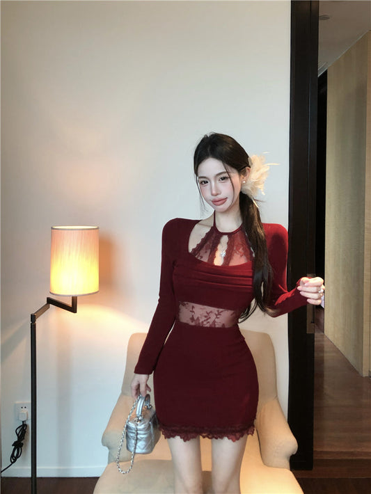 Sexy lace stitching slim fit long sleeve halter neck knitted dress ED0527