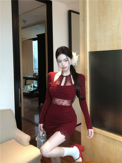 Sexy lace stitching slim fit long sleeve halter neck knitted dress ED0527