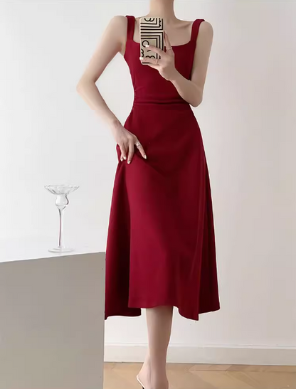 French Hepburn style red A-line suspender dress ED0528