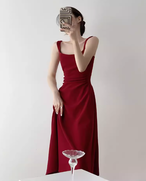French Hepburn style red A-line suspender dress ED0528