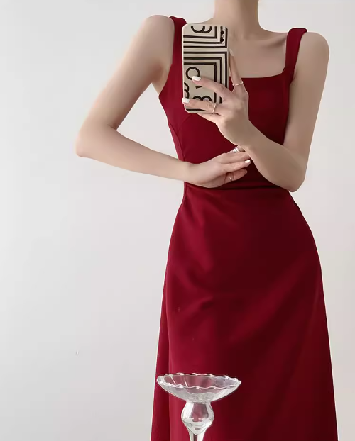 French Hepburn style red A-line suspender dress ED0528