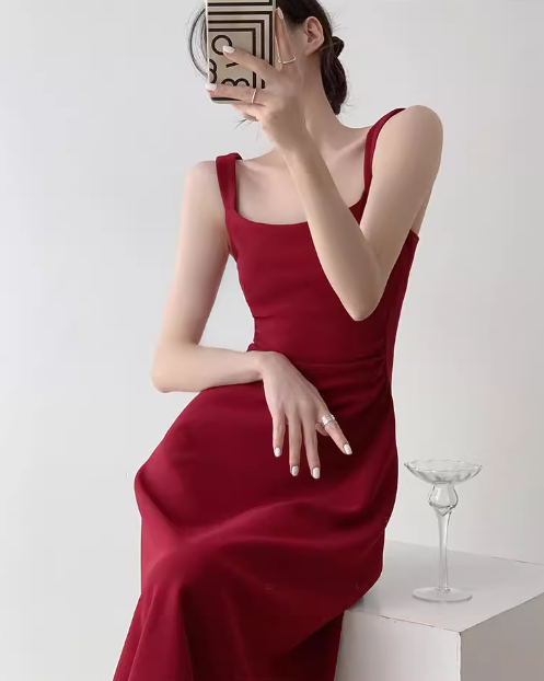 French Hepburn style red A-line suspender dress ED0528