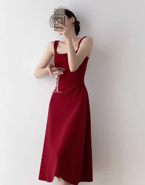 French Hepburn style red A-line suspender dress ED0528