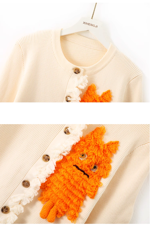 Chanel style three-dimensional monster decoration round neck cardigan ED0530