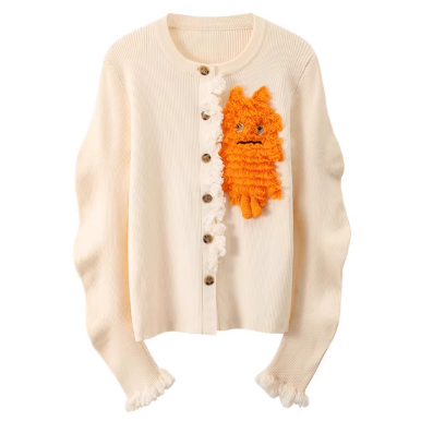 Chanel style three-dimensional monster decoration round neck cardigan ED0530