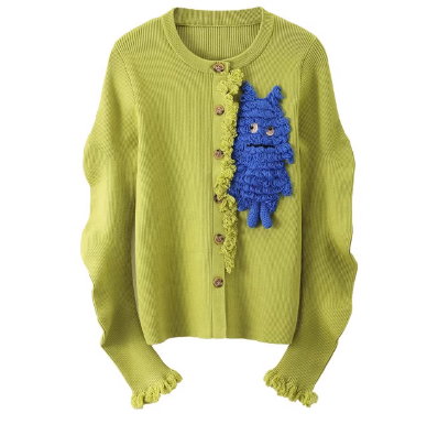 Chanel style three-dimensional monster decoration round neck cardigan ED0530