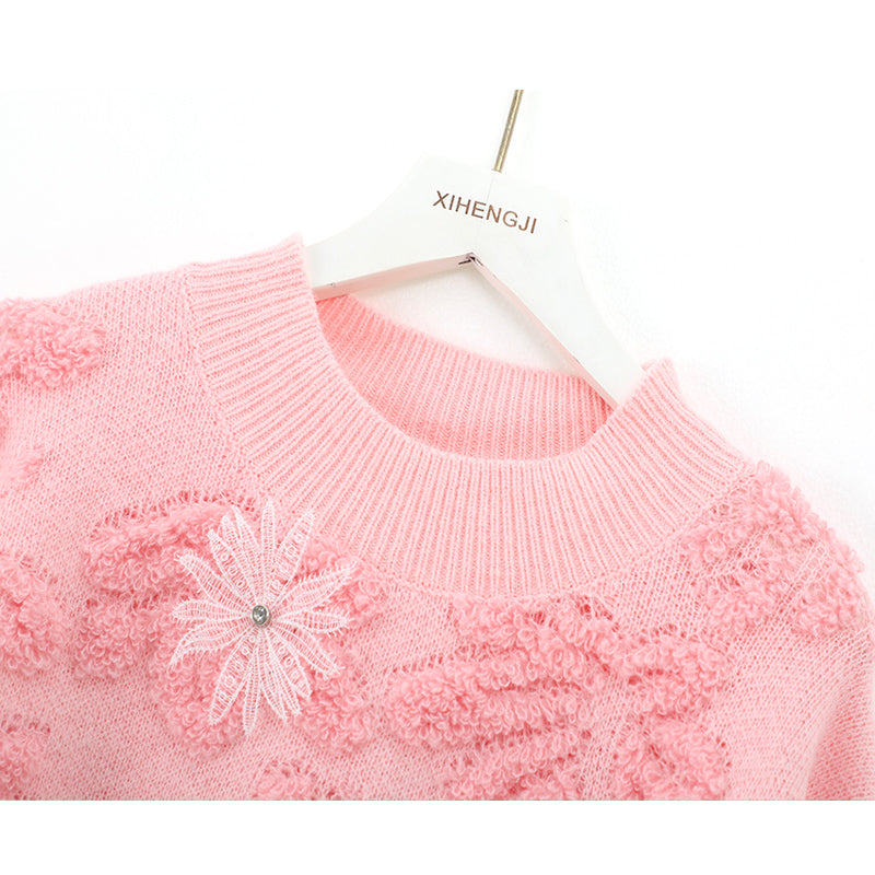 Pink floral embroidered crewneck sweater ED0531