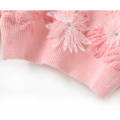 Pink floral embroidered crewneck sweater ED0531