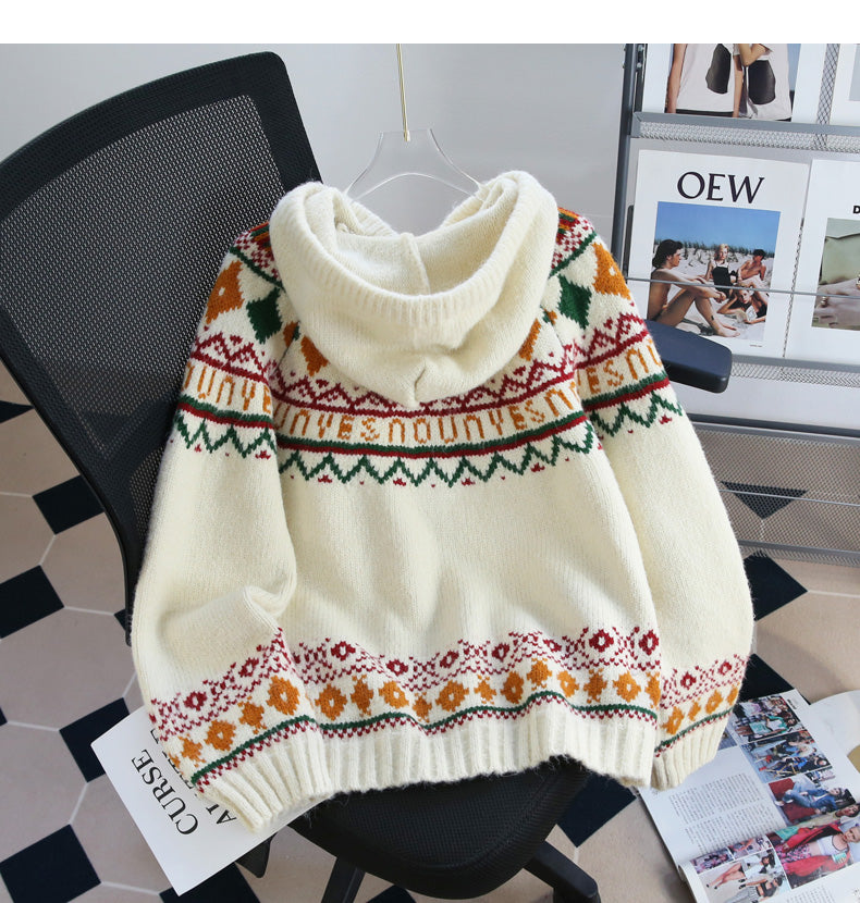 Vintage Preppy Fair Isle Hooded Cardigan Sweater ED0535