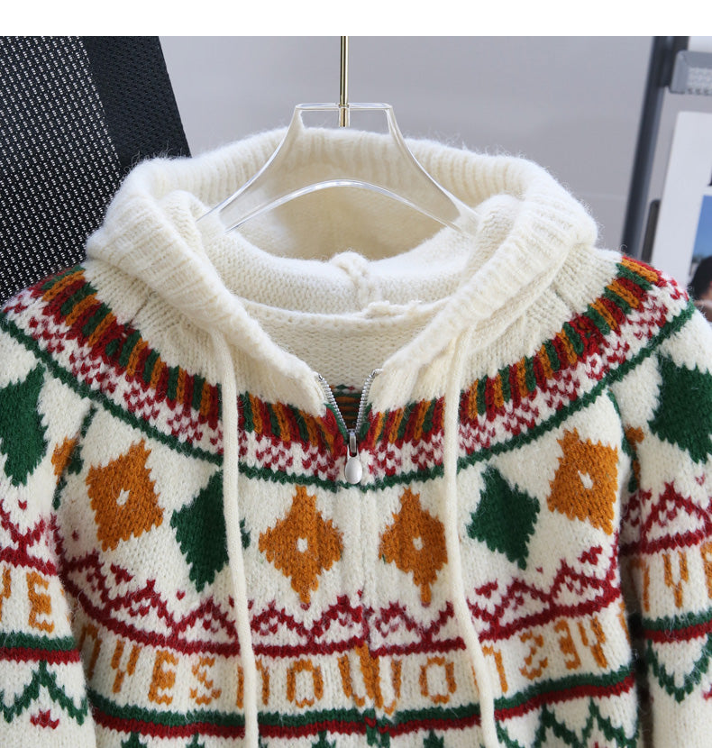 Vintage Preppy Fair Isle Hooded Cardigan Sweater ED0535