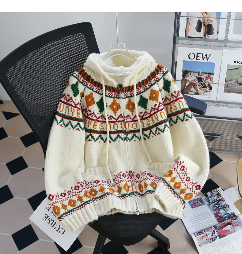 Vintage Preppy Fair Isle Hooded Cardigan Sweater ED0535