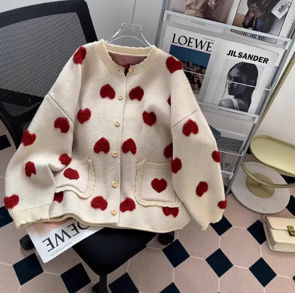 Cute Heart Jacquard Women's Knitted Long Sleeve Cardigan ED0536