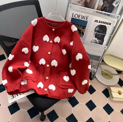 Cute Heart Jacquard Women's Knitted Long Sleeve Cardigan ED0536