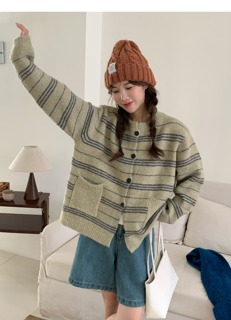 Retro striped soft round neck long sleeve cardigan ED0537