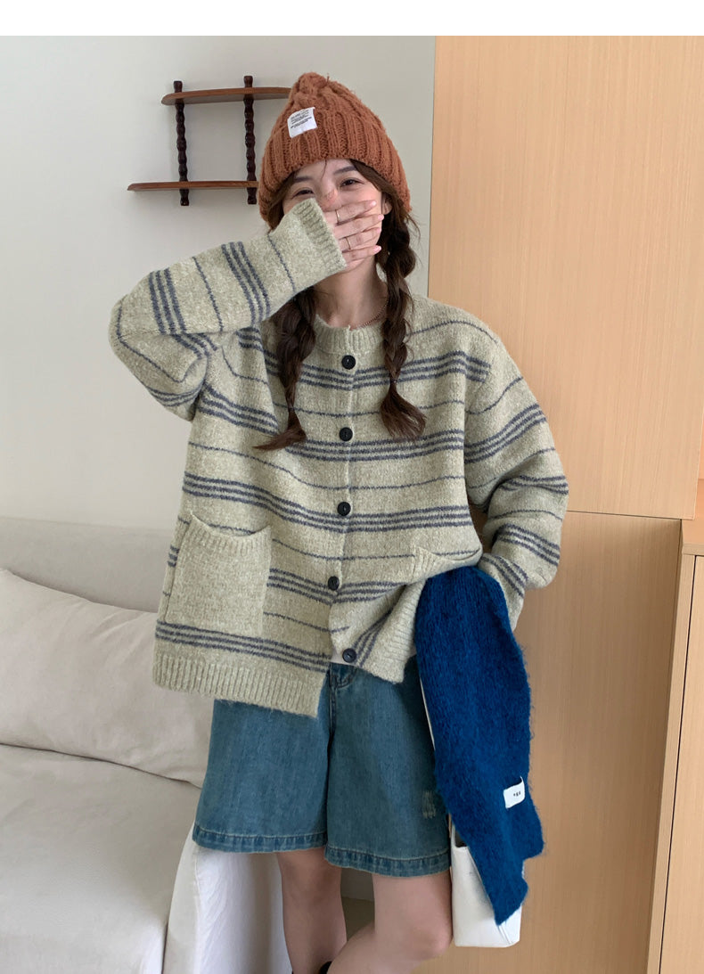 Retro striped soft round neck long sleeve cardigan ED0537