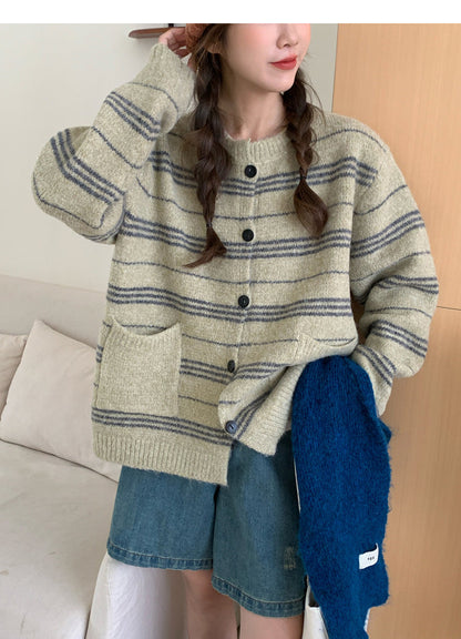 Retro striped soft round neck long sleeve cardigan ED0537