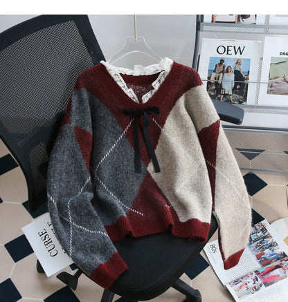 Retro contrast lace patchwork long-sleeved sweater ED0538