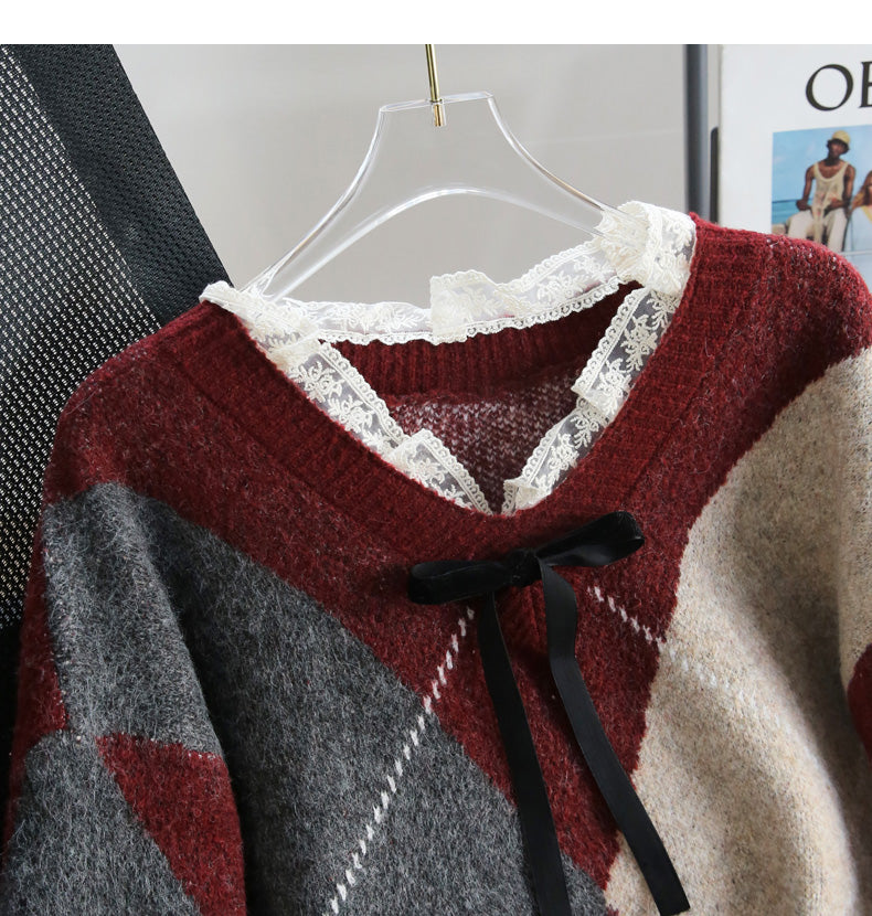 Retro contrast lace patchwork long-sleeved sweater ED0538