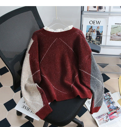 Retro contrast lace patchwork long-sleeved sweater ED0538