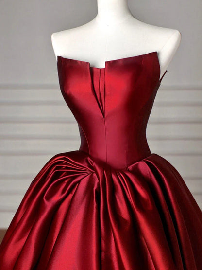 Simple A-Line Satin Burgundy Long Prom Dress, Burgundy Long Evening Dress ED054
