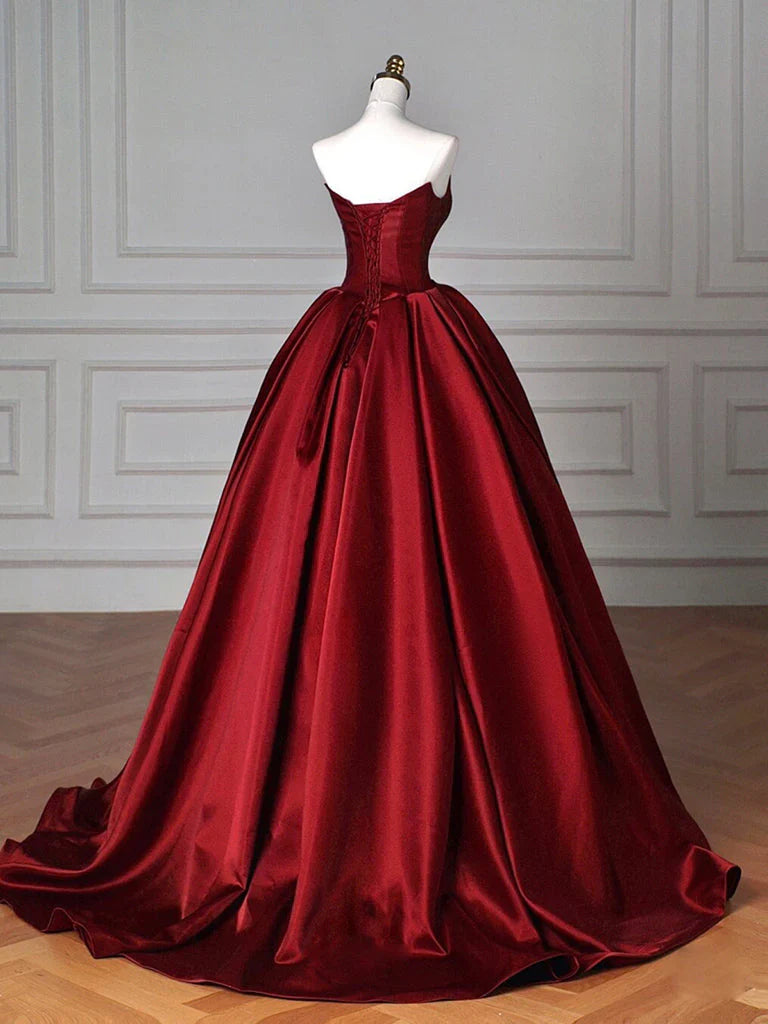 Simple A-Line Satin Burgundy Long Prom Dress, Burgundy Long Evening Dress ED054