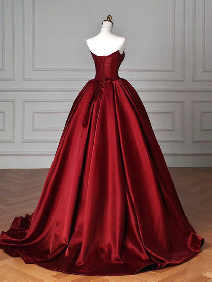 Simple A-Line Satin Burgundy Long Prom Dress, Burgundy Long Evening Dress ED054