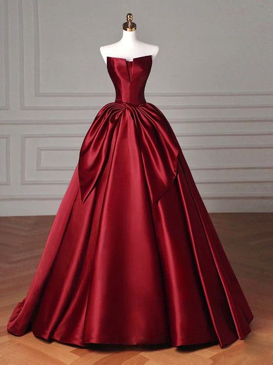 Simple A-Line Satin Burgundy Long Prom Dress, Burgundy Long Evening Dress ED054