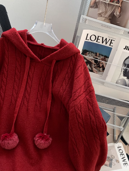 Red Christmas New Year Retro Hooded Pullover Sweater ED0543