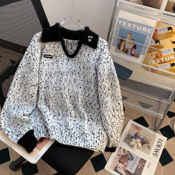 Polo collar vintage pattern wool knitted sweater ED0546