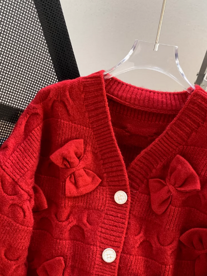 Red New Year Bow Cardigan Sweater ED0547