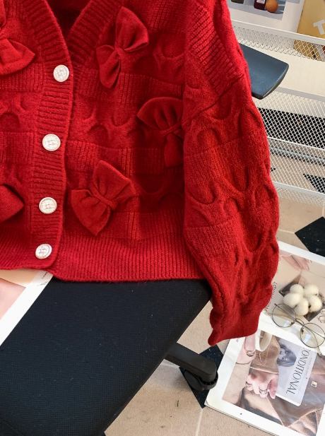 Red New Year Bow Cardigan Sweater ED0547