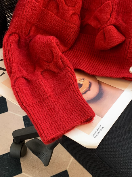 Red New Year Bow Cardigan Sweater ED0547