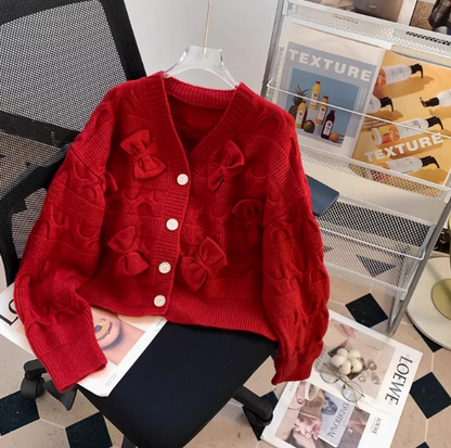 Red New Year Bow Cardigan Sweater ED0547