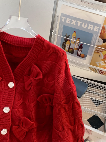 Red New Year Bow Cardigan Sweater ED0547