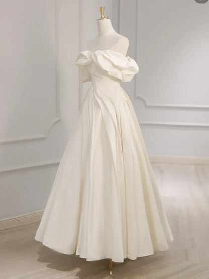 Off Shoulder A-Line Satin Beige Long Prom Dress, Beige Long Formal Dress ED055