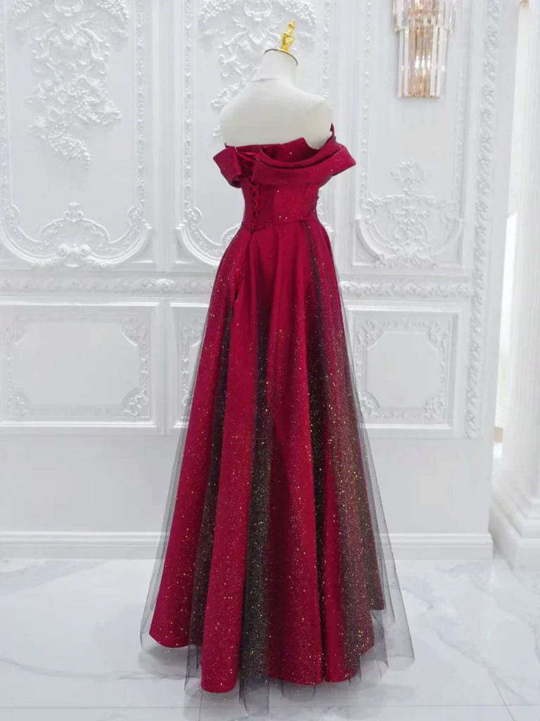 A-Line Off Shoulder Satin  Tulle Burgundy Long Prom Dress ED056