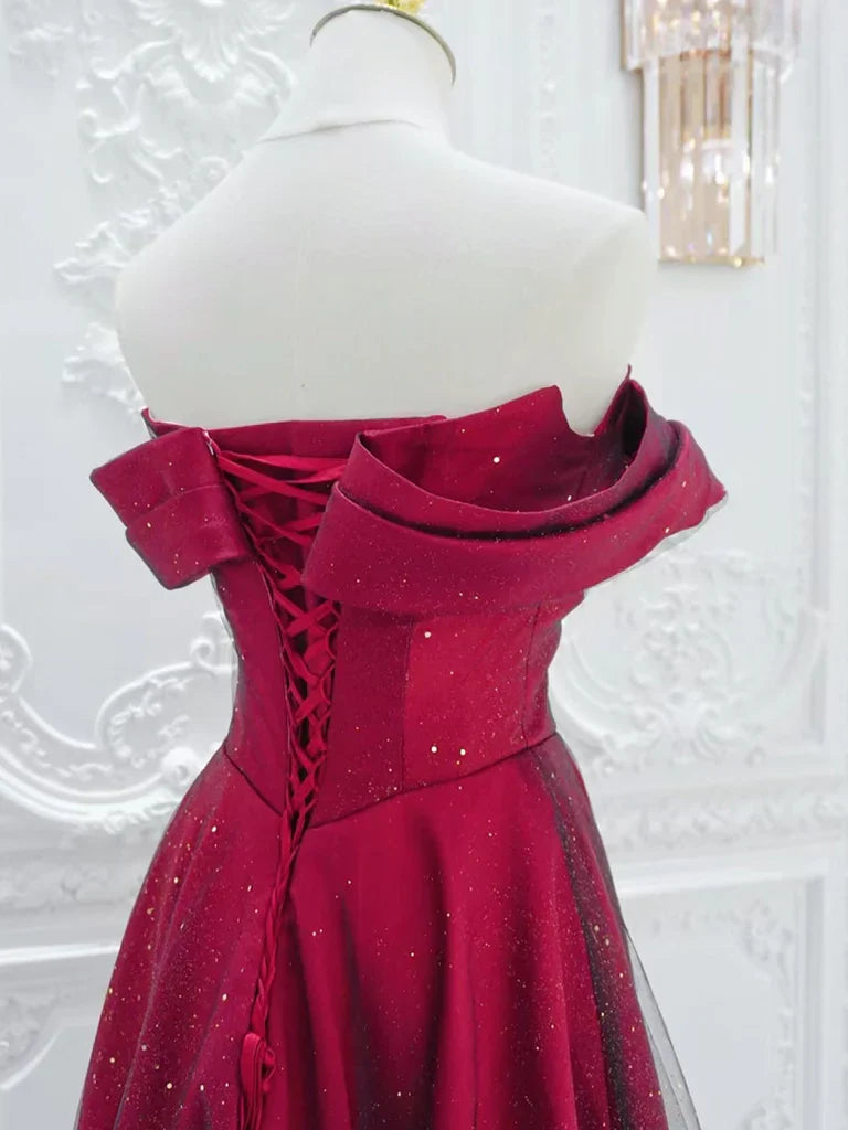 A-Line Off Shoulder Satin  Tulle Burgundy Long Prom Dress ED056