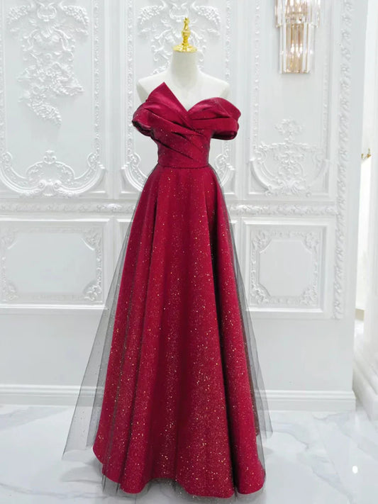A-Line Off Shoulder Satin  Tulle Burgundy Long Prom Dress ED056