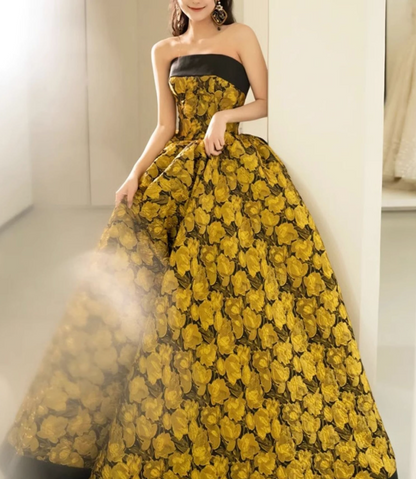 A-Line Yellow Satin Lace Long Prom Dress, Yellow Long Evening Dress ED0567
