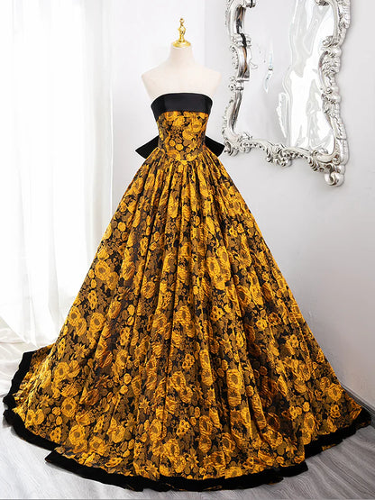 A-Line Yellow Satin Lace Long Prom Dress, Yellow Long Evening Dress ED0567
