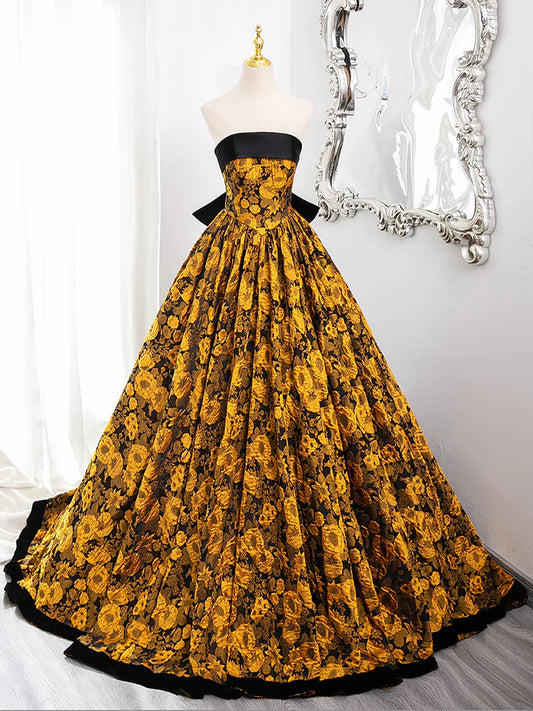 A-Line Yellow Satin Lace Long Prom Dress, Yellow Long Evening Dress ED0567